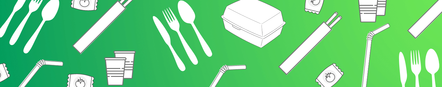 Simple white and greyscale depictions of single-use items on a bright green background.