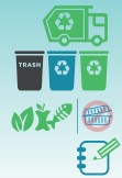 A closeup cropped image showing a portion of an infographic; trash, recycling and organics waste container iconography is visible.