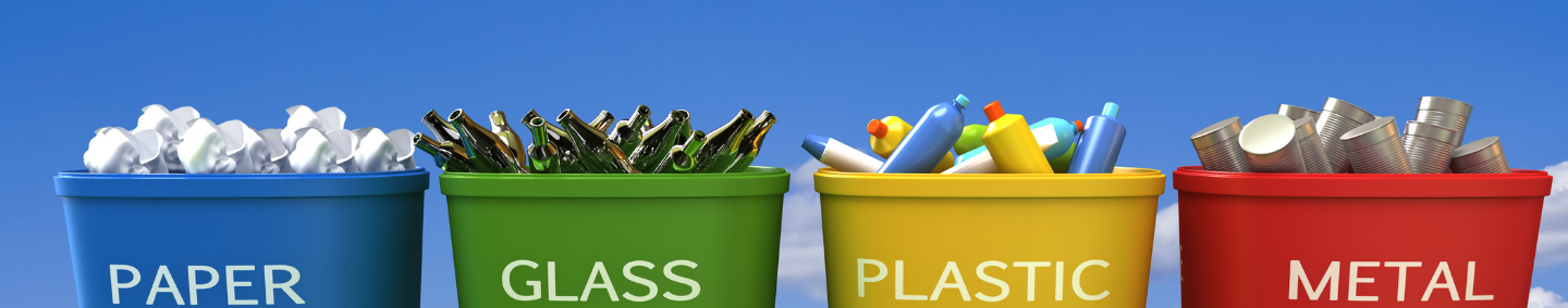 3D graphics of four bins of paper, glass, plastic and metal. Each container is filled with the marked material type.