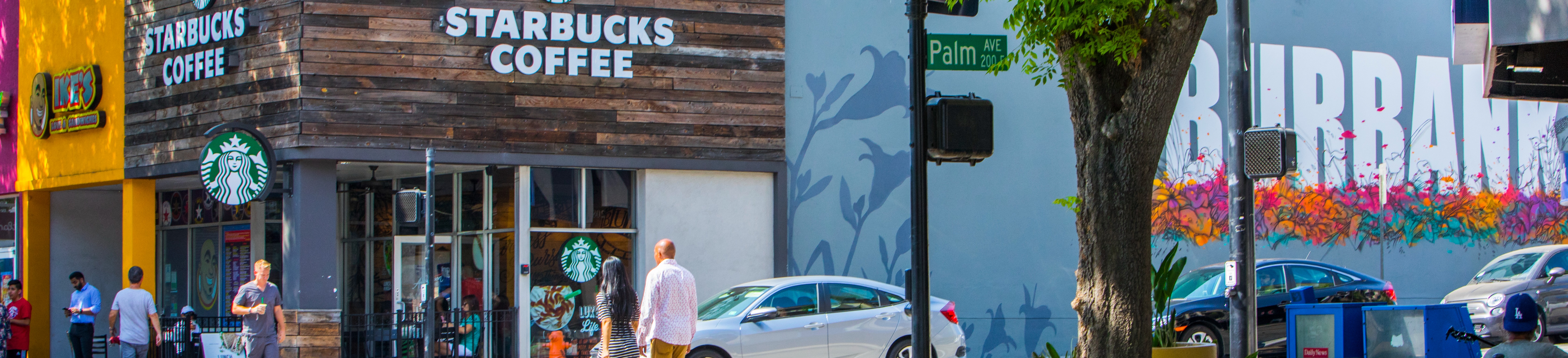 Exterior view of several Burbank businesses including Starbucks Coffee