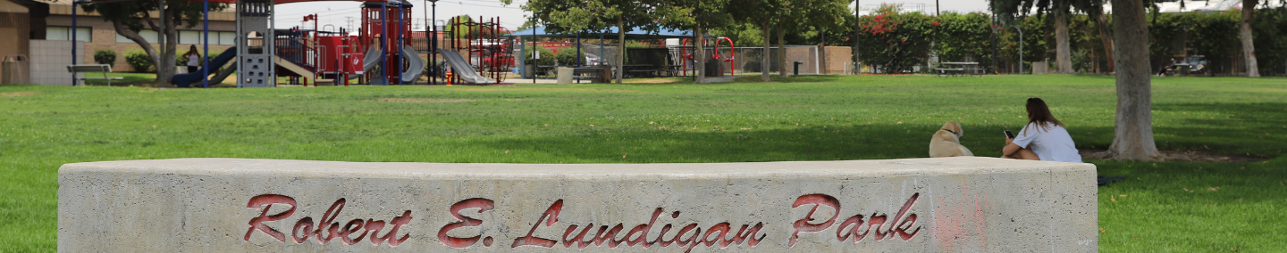 A photo of Johnny Carson Park playground, shade structure, and children playing.