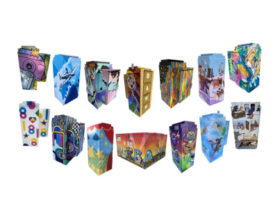 A collage of various utility boxes painted in vibrant colors and depicting Burbank's Media District.