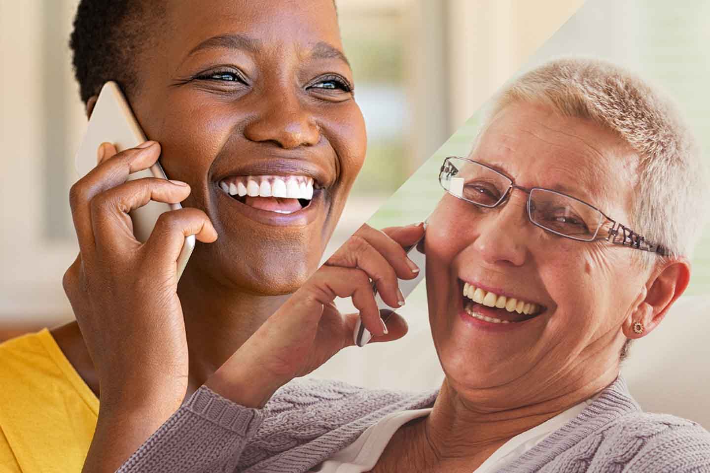 A photo of a middle aged woman and an older woman connecting with one another on the phone.