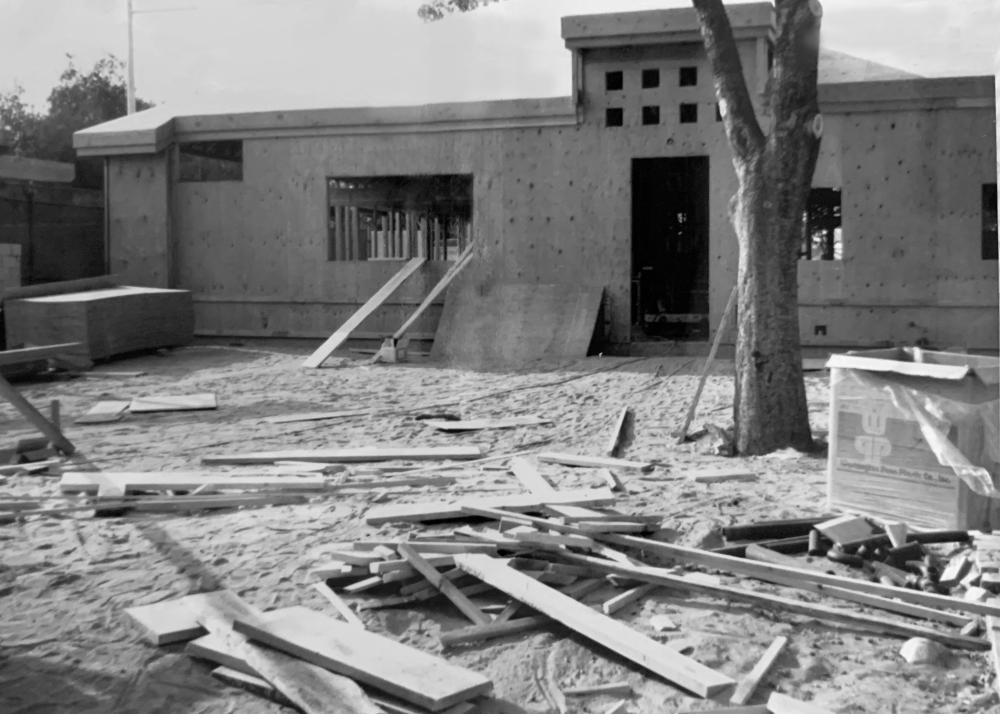 Rear exterior of building during 1980's remodel Image