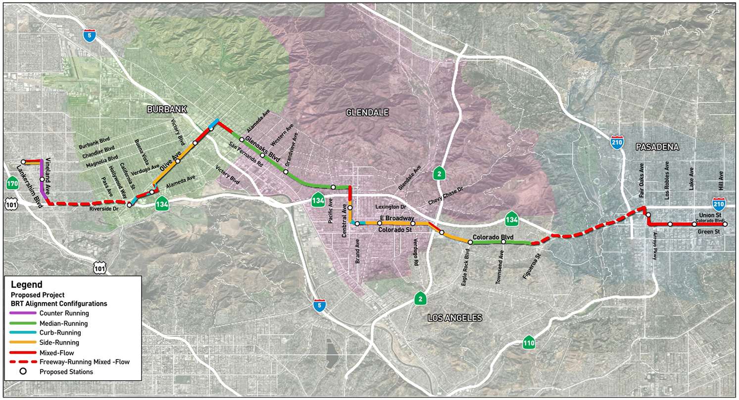 Map showing alignment of the North Hollywood to Pasadena bus rapid transit project