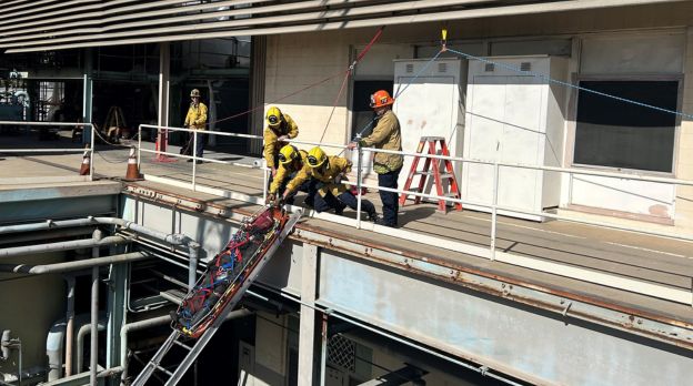 firefighters performing a ladder rescue