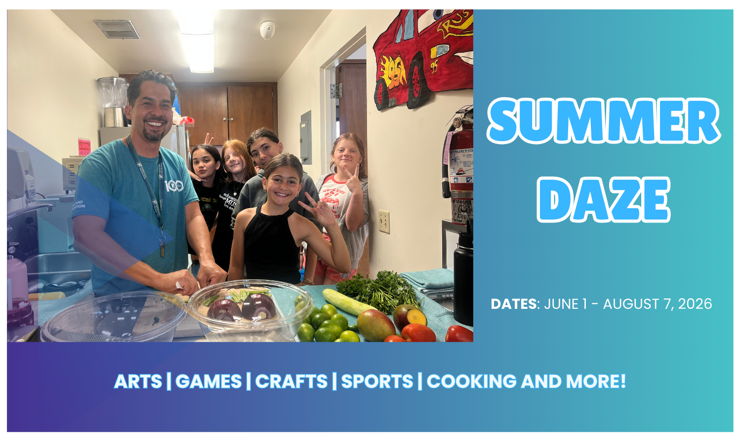 picture of campers and counselor in a cooking activity with title Summer Daze
