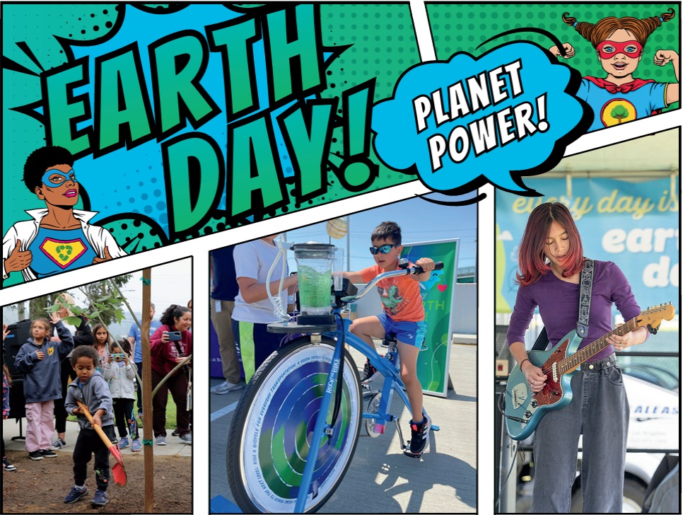 Event flyer graphic with children planting trees, playing guitar and riding a bicycle during previous Earth Day events