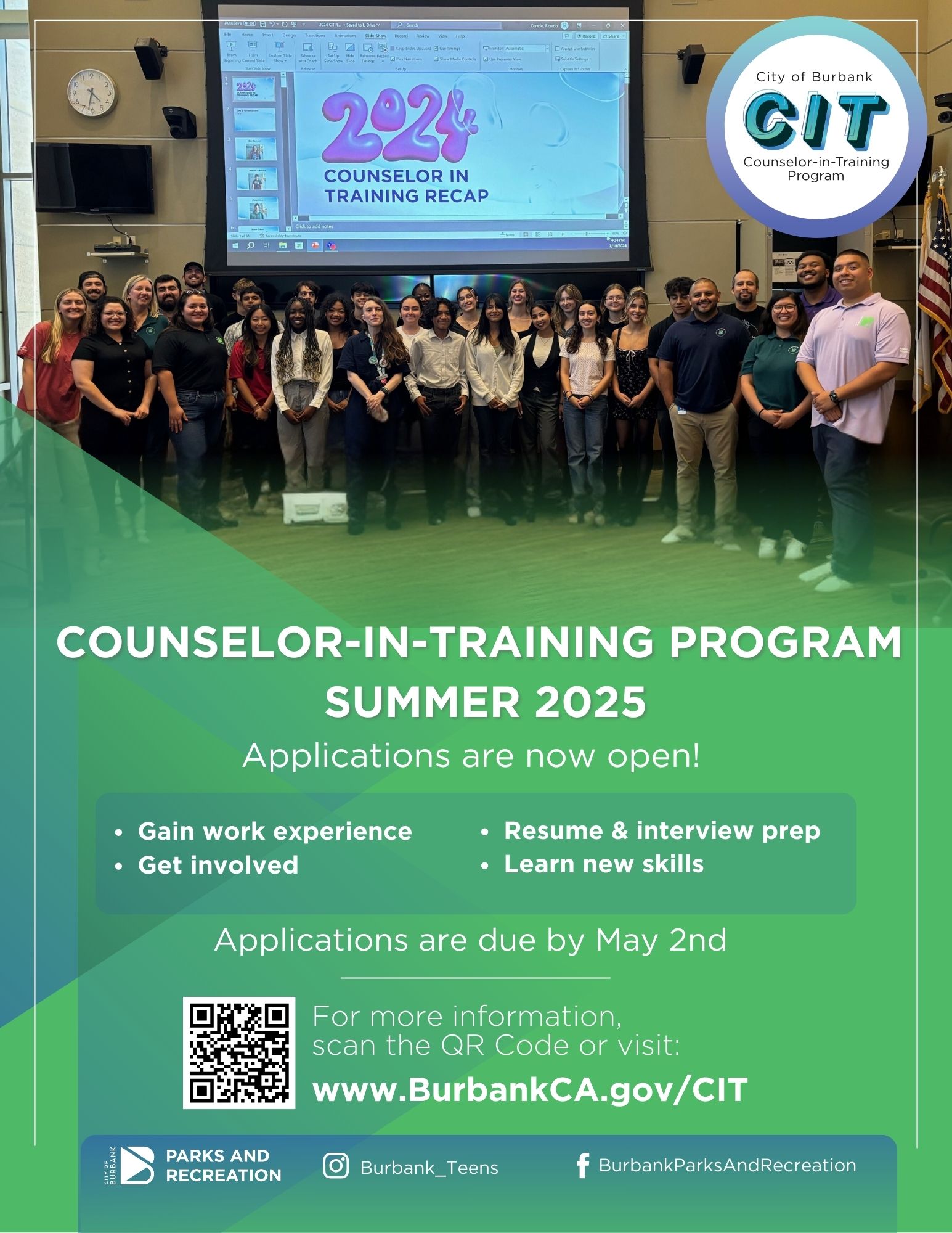 Counselor In Training Program Summer 2025 applications are now open and are due by May 2nd 2025. Send appplications to rcorado@burbankca.gov