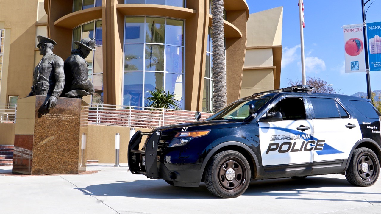 Exterior of Burbank police headquarters with police car