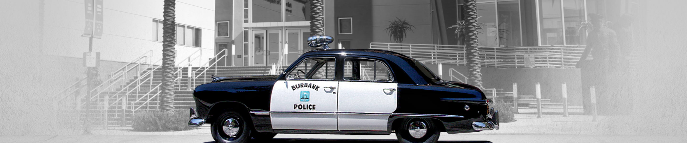 Vintage police car in front of Burbank police headquarters