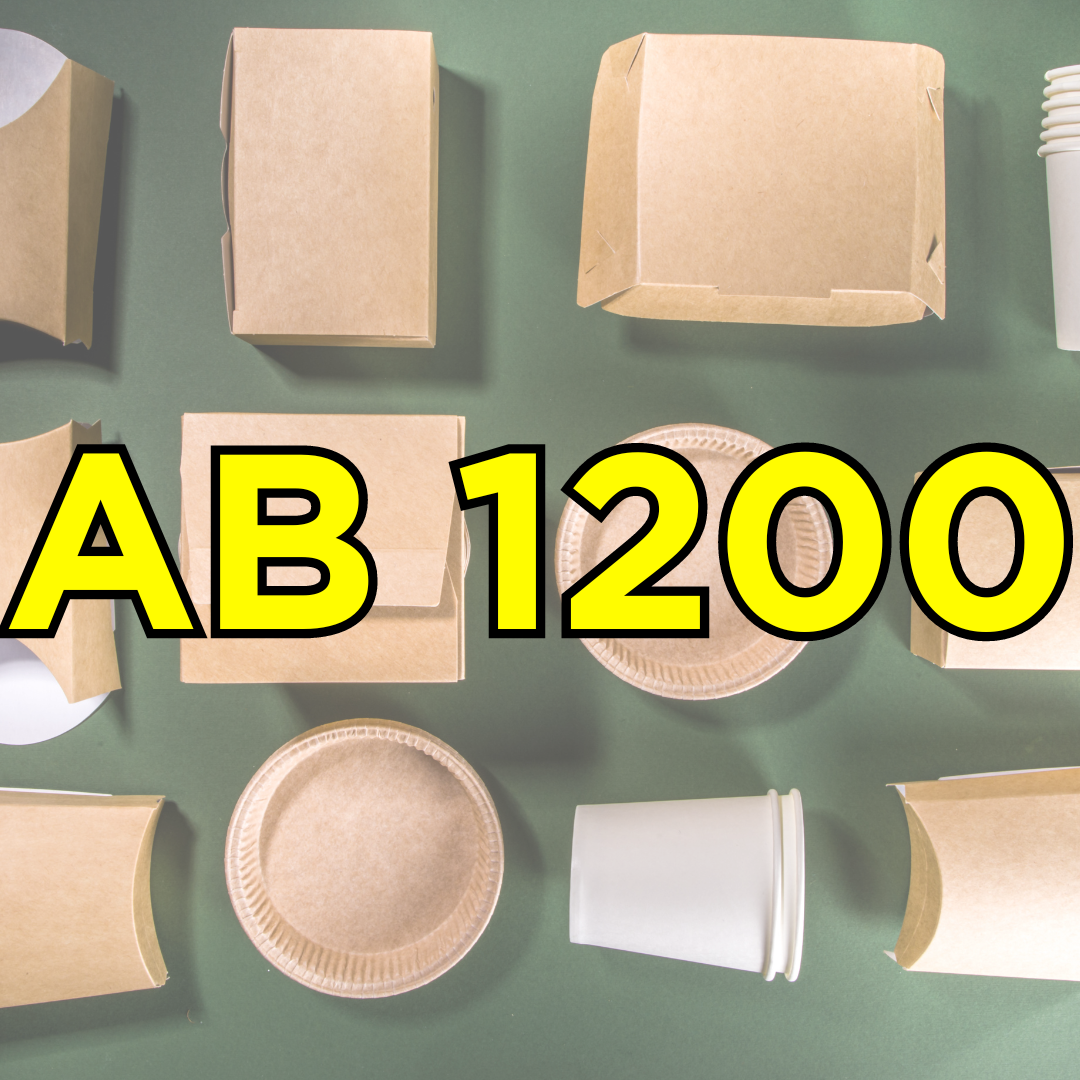 The text "AB 1200" over unused cardboard takeout containers on a green background.