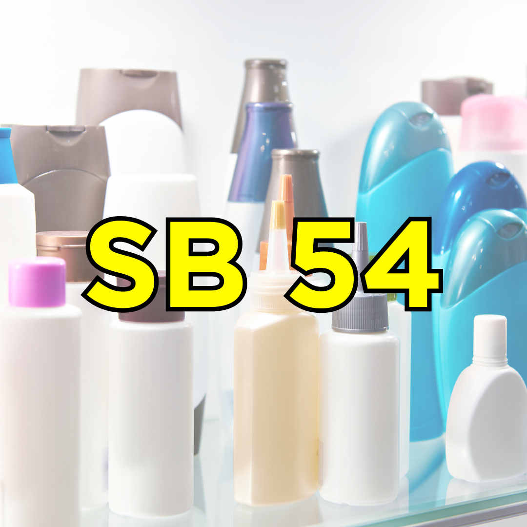 The text "SB 54" over a background of unlable haircare products.