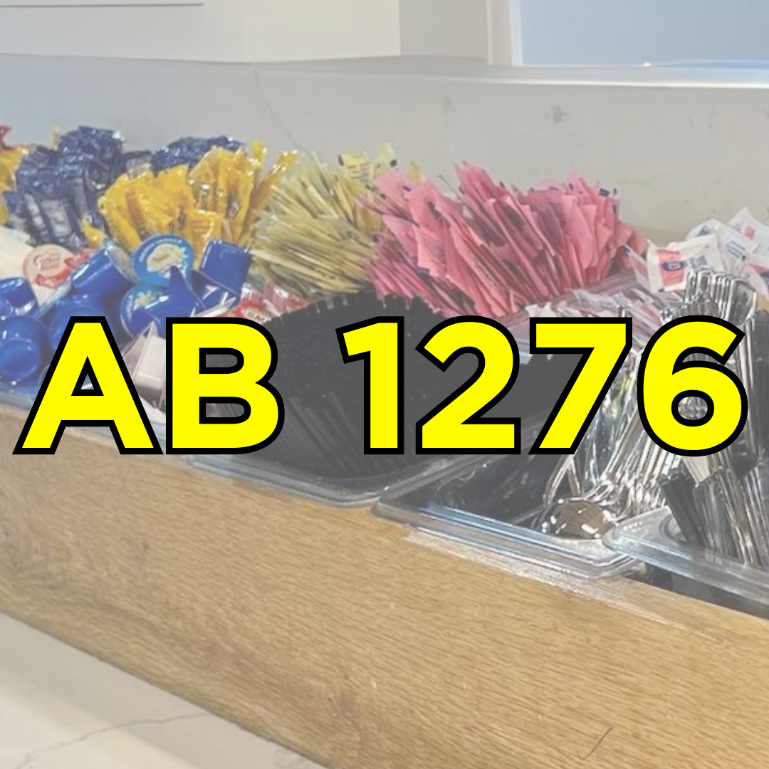 The text "AB 1276" over a single-use display containing utensils, creamers, sweeteners and stirrers.