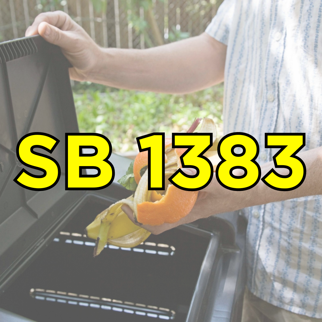 The text "SB 1383" over a man depositing orange and banana peels into an organics bin.