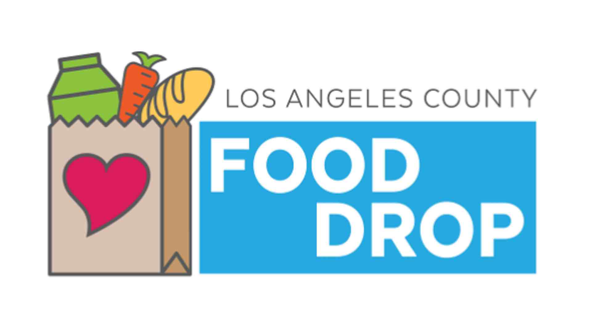 A logo; a cartoon paper bag with a heart on it containing a carton of milk, a carrot, and a loaf of bread. "LOS ANGELES COUNTY - FOOD DROP"