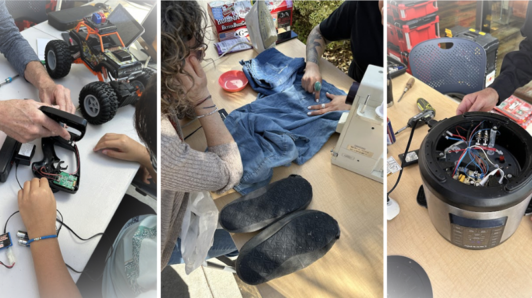 A triptych of repair: two people sit opposite at a table, an RC car on the table, its remote being disassembled; a pair of blue jeans being sewn; an instant pot partially disassembled by a person standing by a table.
