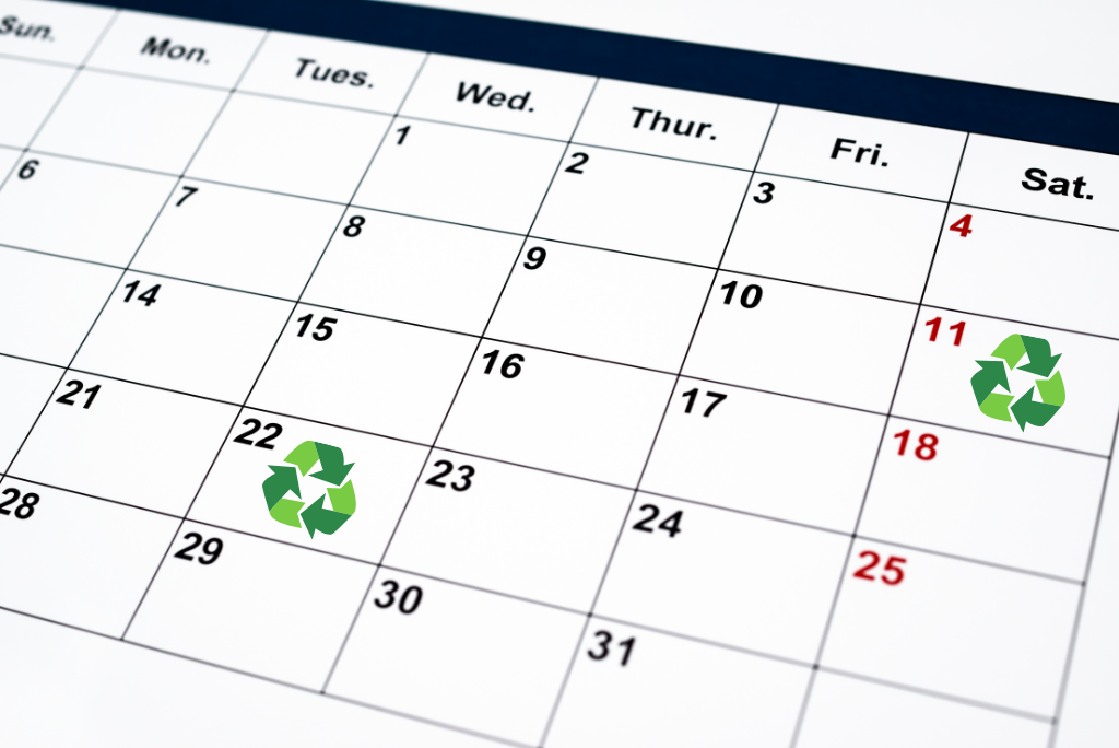 A calendar for the month of January 2025, recycle symbols mark the spaces for the 11th and 22nd.